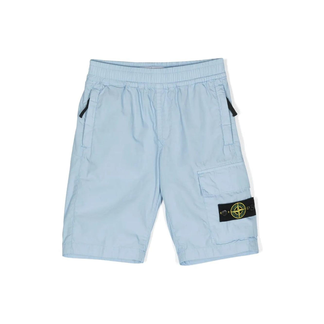 Light blue shorts with a brand logo on a white background