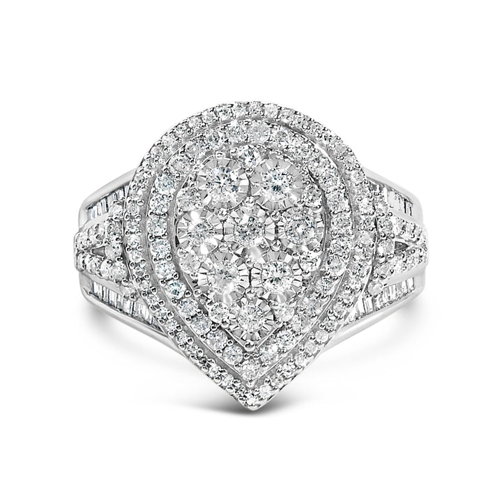 Sterling Silver 1 Cttw Diamond Pear-Shaped Triple Halo Cluster Ring