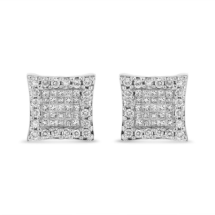 18K White Gold 1.00 Cttw Round and Princess-Cut Diamond Halo Square Stud Earring (G-H Color, SI1-SI2 Clarity)