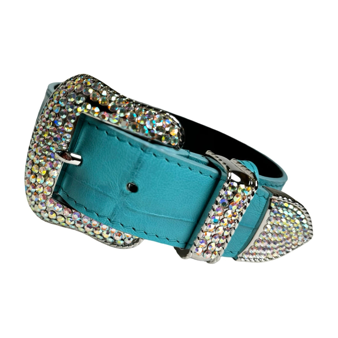 The Tiffany Collection. Gorgeous Turquoise Blue Embossed Croc Italian Leather/Custom Silver Swarovski Crystal Hardware Collar.