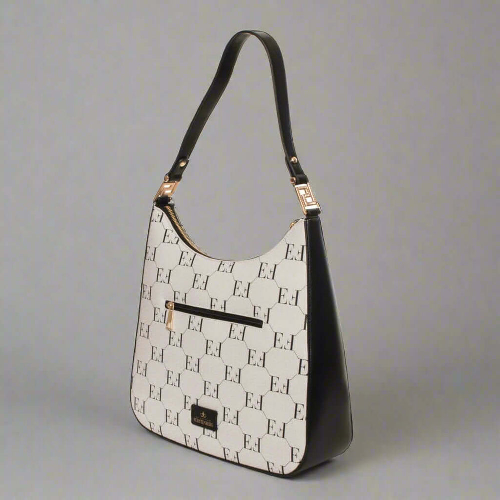Handbag with black and white pattern on a white background