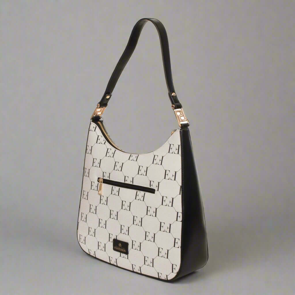 Handbag with black and white pattern on a white background