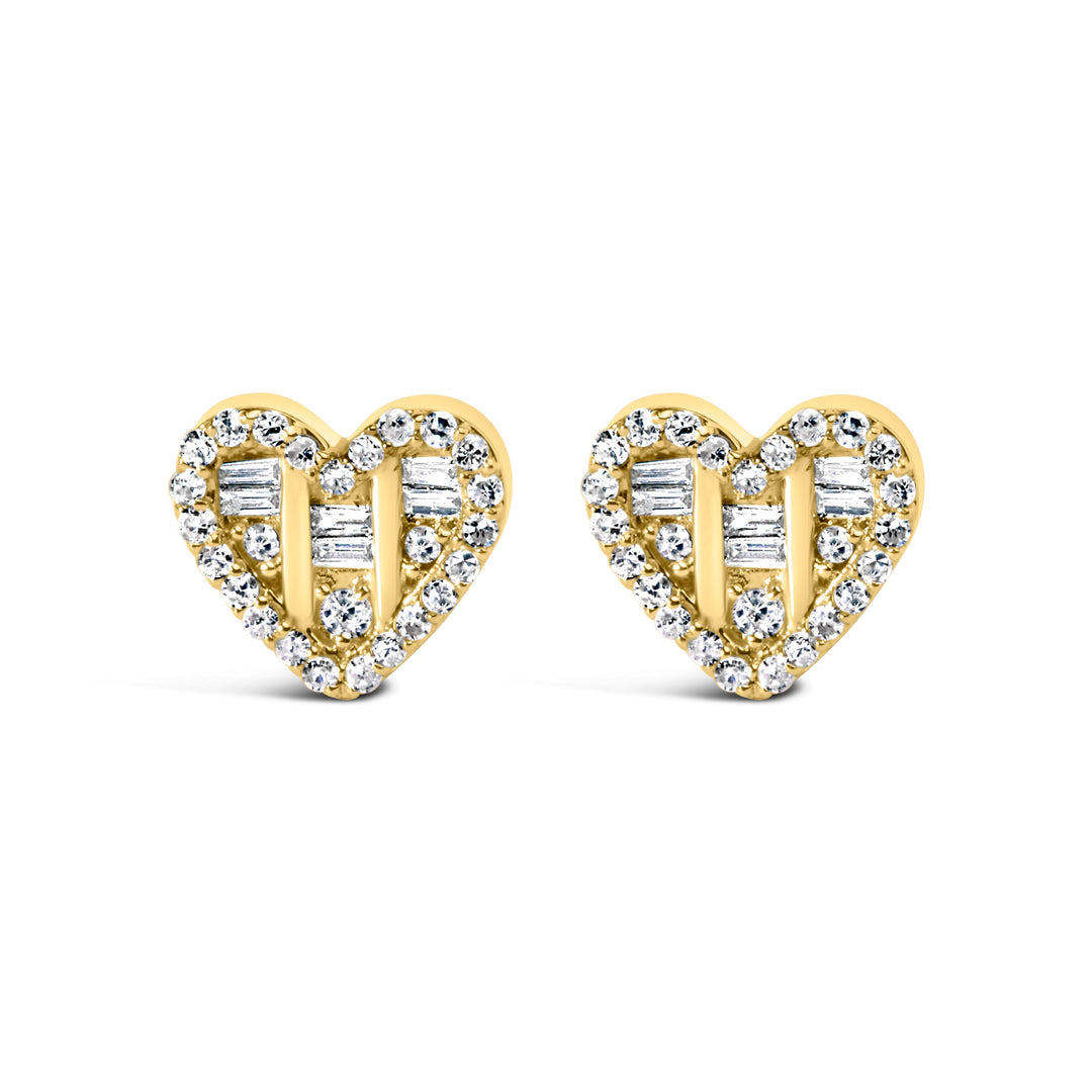 14K Yellow Gold Plated .925 Sterling Silver 1/2 Cttw Round and Baguette Diamond Composite Heart Shaped Stud Earring (I-J Color, SI2-I1 Clarity)