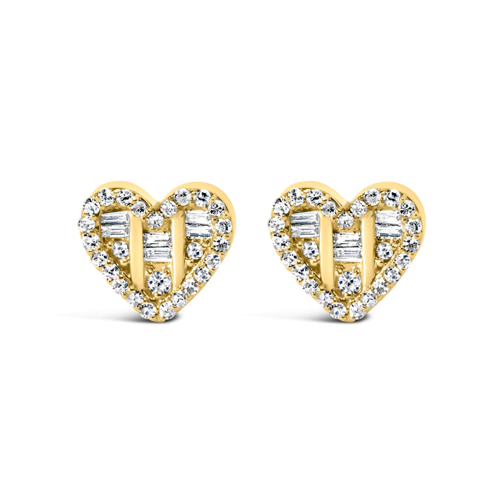 14K Yellow Gold Plated .925 Sterling Silver 1/2 Cttw Round and Baguette Diamond Composite Heart Shaped Stud Earring (I-J Color, SI2-I1 Clarity)