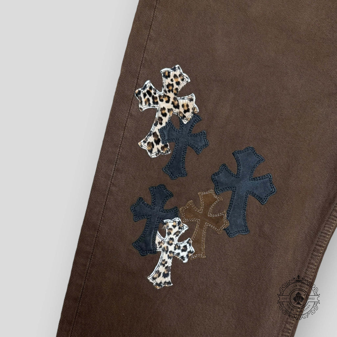 Chrome Hearts Brown Leopard Cross Patch Jeans
