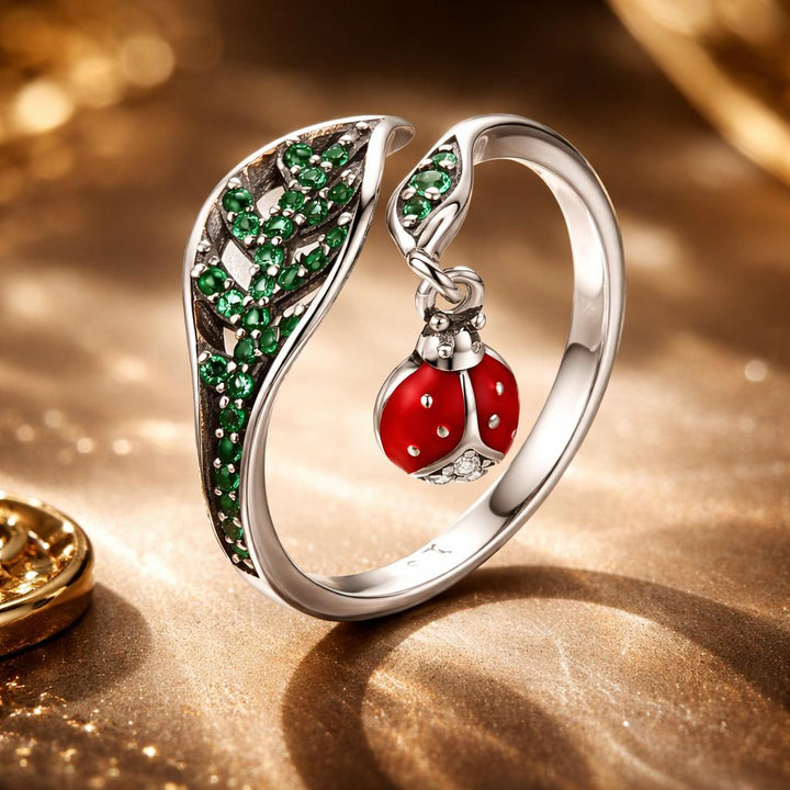 925 Sterling Silver Ring with Genuine Beetle and Leaf Design - 0.8x0.5cm, Women