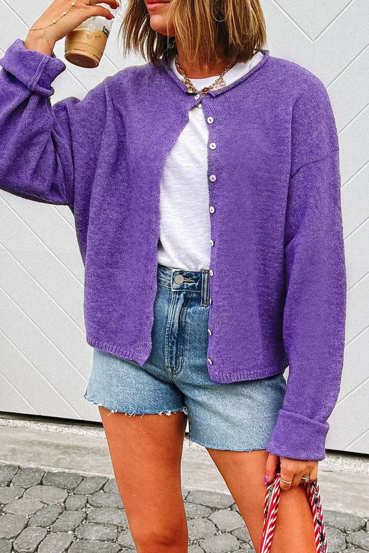 Round Neck Button-Down Knit Cardigan