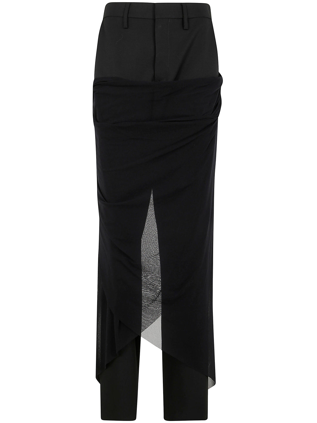 Black pants with a geometric pattern on a white background