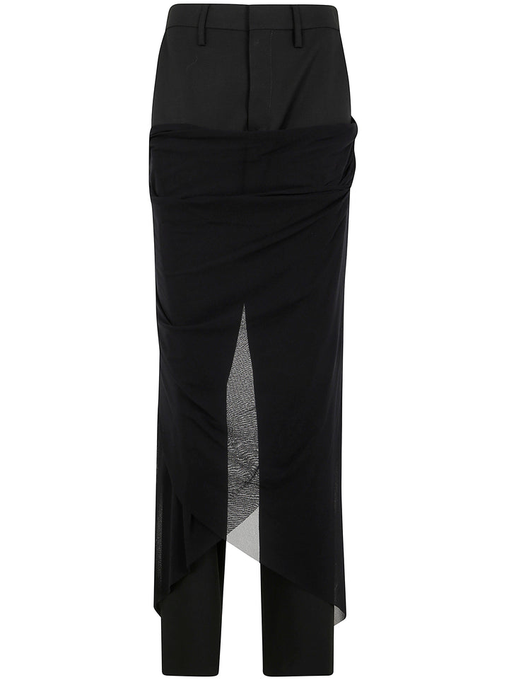 Black pants with a geometric pattern on a white background