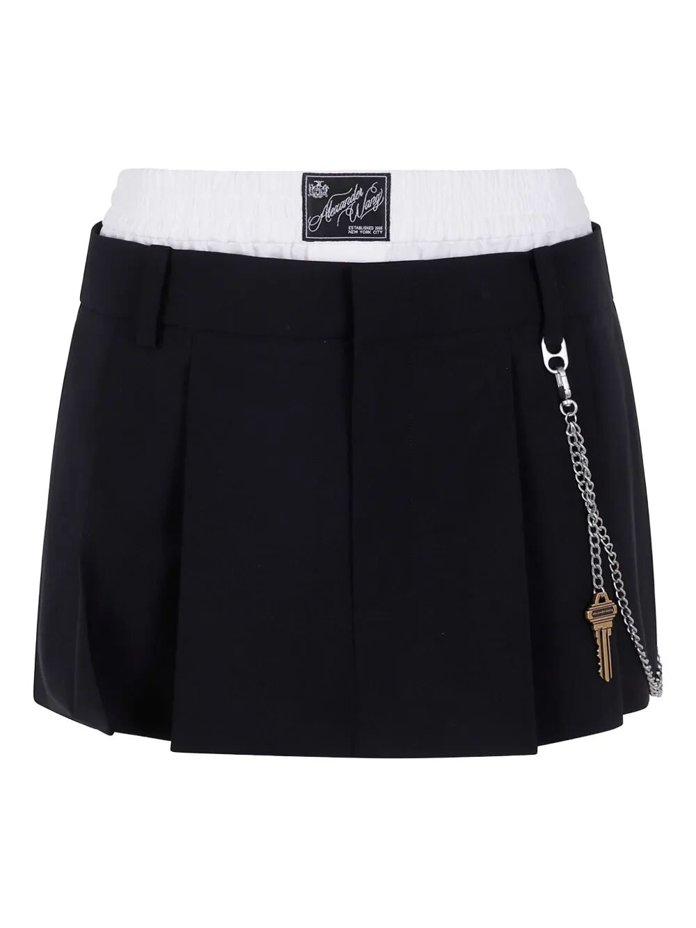 Black skirt with white waistband and chain detail on a white background