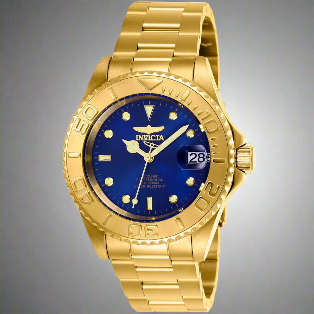 INVICTA Pro Diver men's watch with stainless steel band INVICTA black graphic t-shirt with logo front Gold-tone INVICTA chronograph wristwatch close-up INVICTA men's button-down shirt with embroidered detail INVICTA oversized sport watch and branded appar