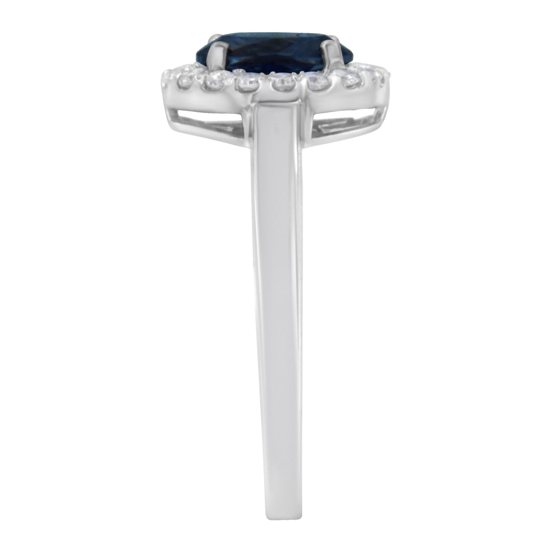 10K White Gold 1/5 Cttw Round Diamond and Prong Set 7MM Created Blue Sapphire Halo Cocktail Ring (H-I Color, I1-I2 Clarity) - Size 7