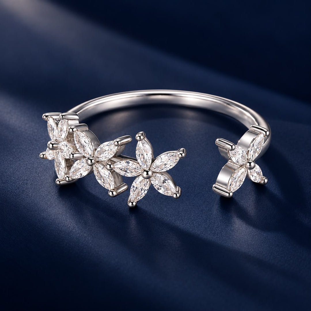 925 Sterling Silver White Gold Plated Pavé Setting CZ Flower Ring for Women
