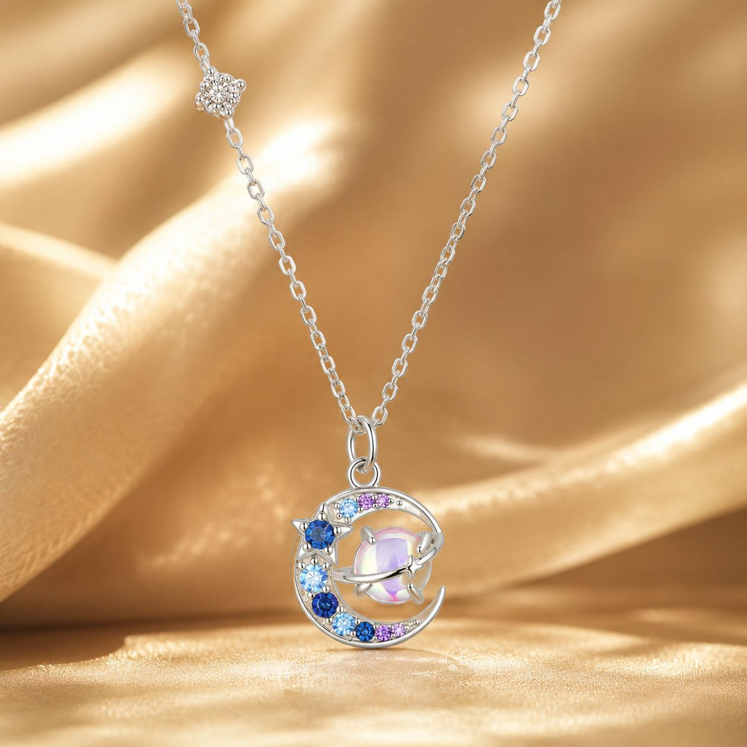 925 Sterling Silver Necklace with Pavé CZ &amp; Transparent Glass Pendant for Women