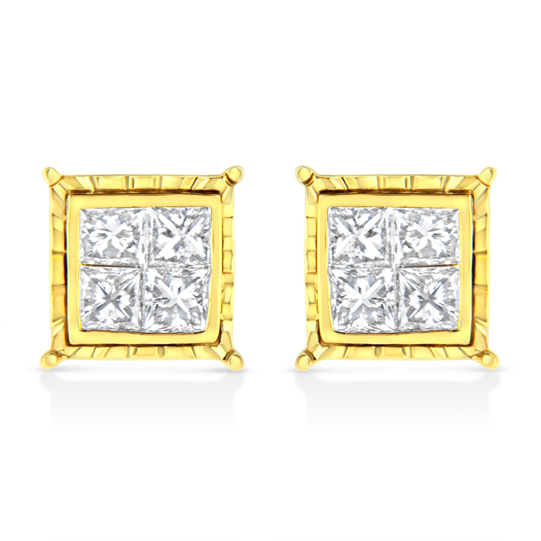 14K Yellow Gold 1 Cttw Princess Cut Diamond Square Stud Earrings