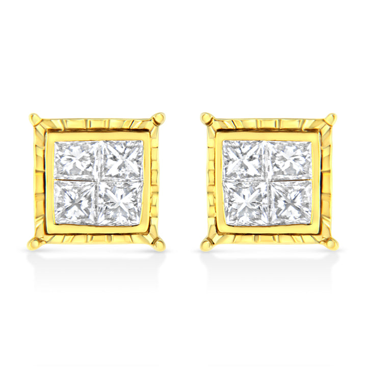 14K Yellow Gold 1 Cttw Princess Cut Diamond Square Stud Earrings