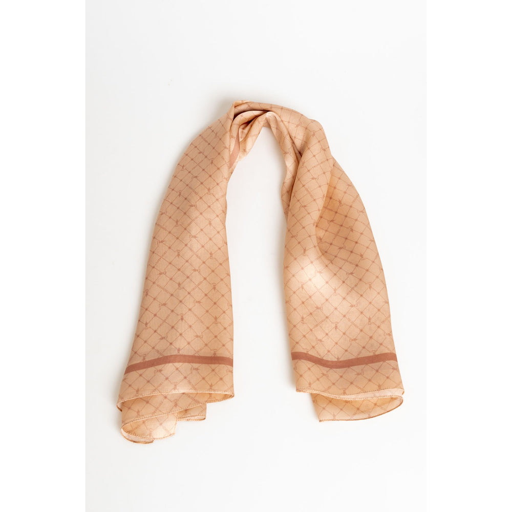 A pink Trussardi scarf with a geometric pattern, displayed on a white background.