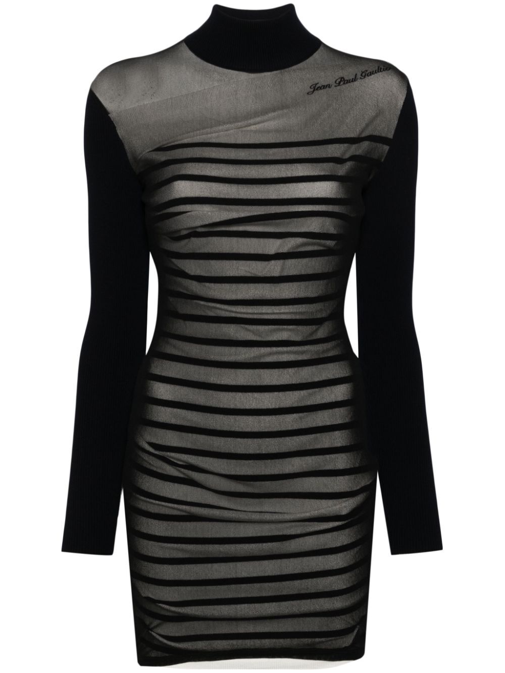 Black and gray striped dress with long sleeves on a white background