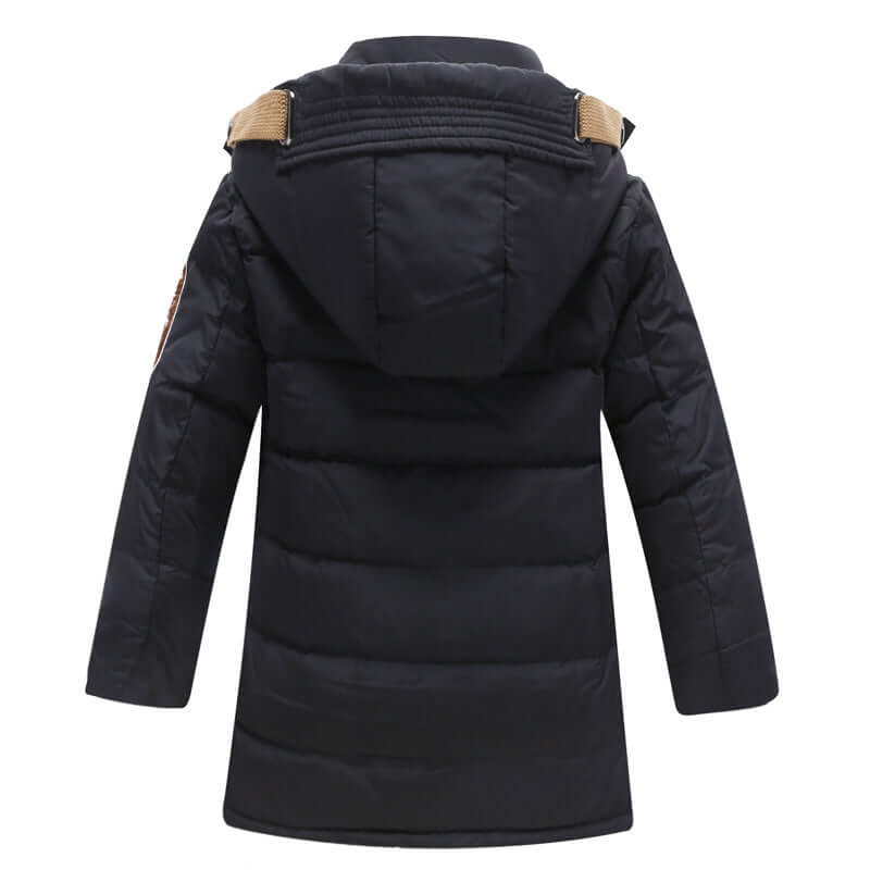 -30 Degree Children's Winter Jackets Duck Down Padded Big Boys Warm Winter Down Coat with removable hood in black.