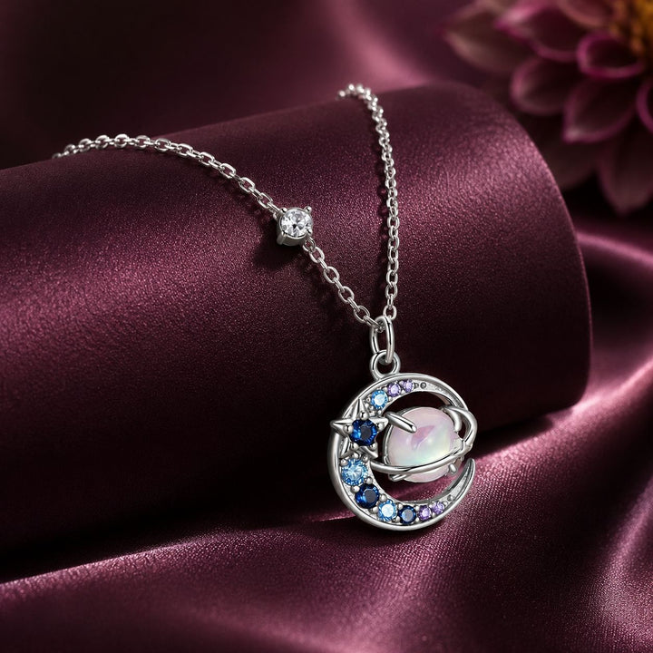 925 Sterling Silver Necklace with Pavé CZ &amp; Transparent Glass Pendant for Women