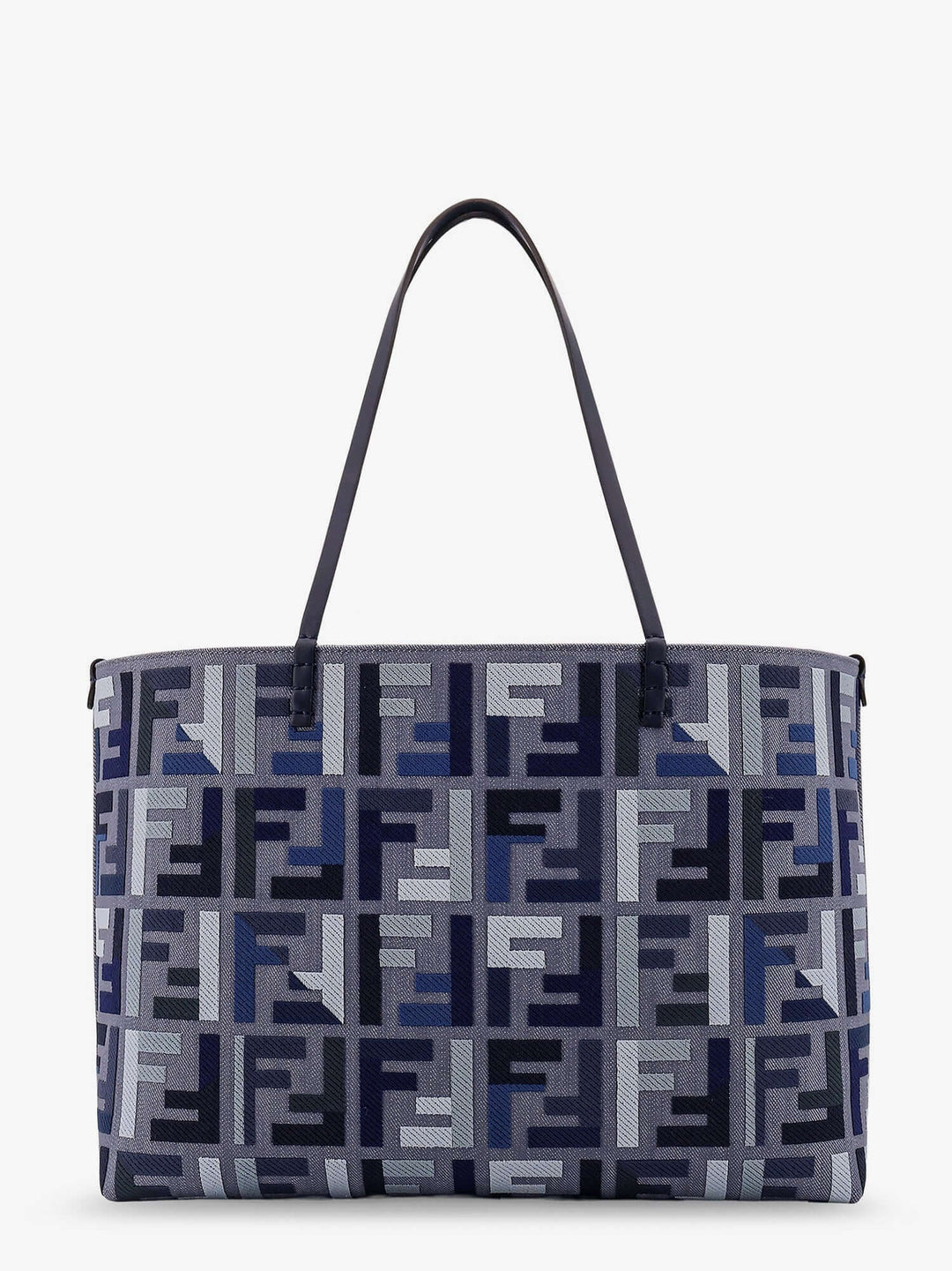 Patterned tote bag with a brand logo on a white background
