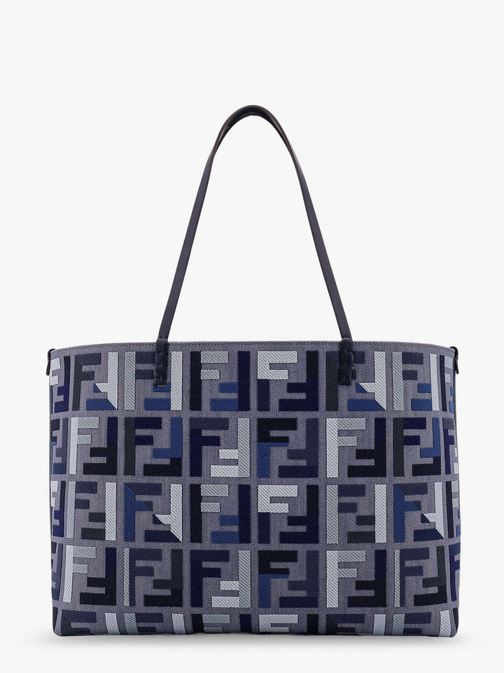 Patterned tote bag with a brand logo on a white background