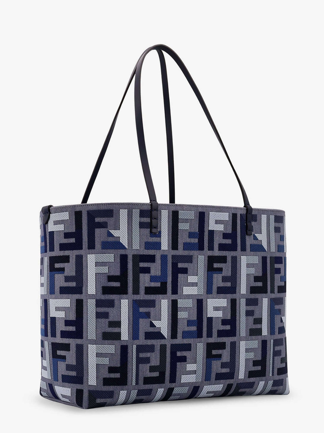 Patterned tote bag with brand logo on a white background