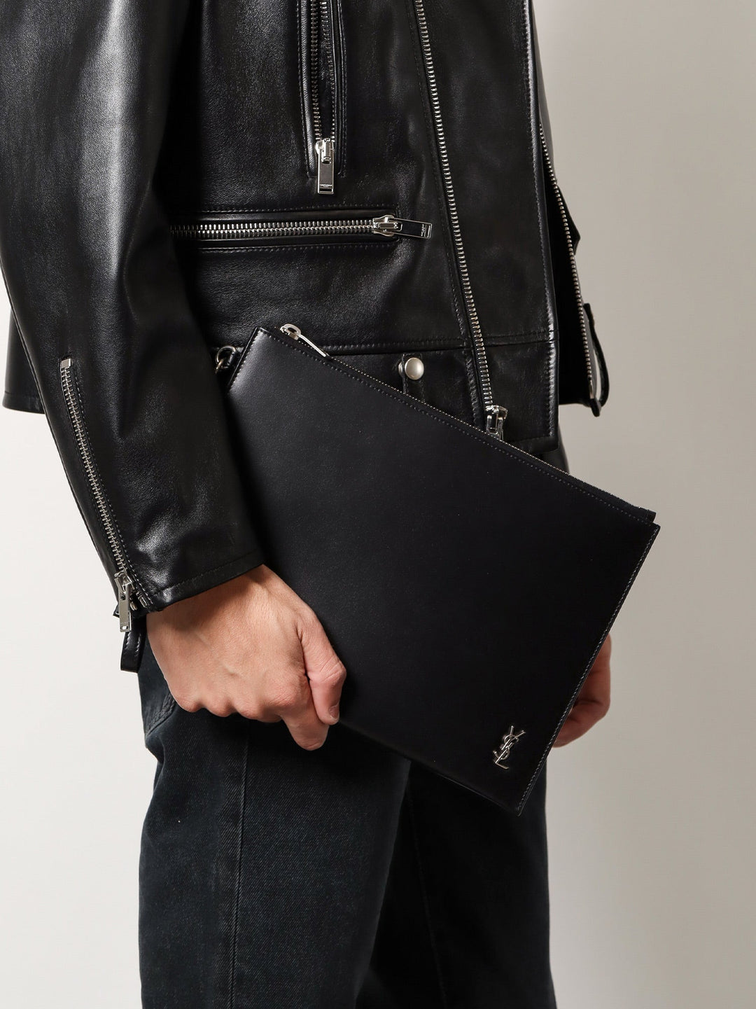 Saint Laurent Men Leather Clutch With Monogram Detail