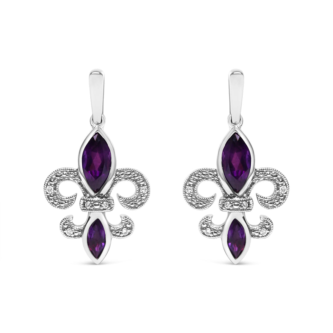 .925 Sterling Silver Marquise Cut Amethyst and Diamond Accent Fleur De Lis Dangle Stud Earrings (H-I Color, SI1-SI2 Clarity)