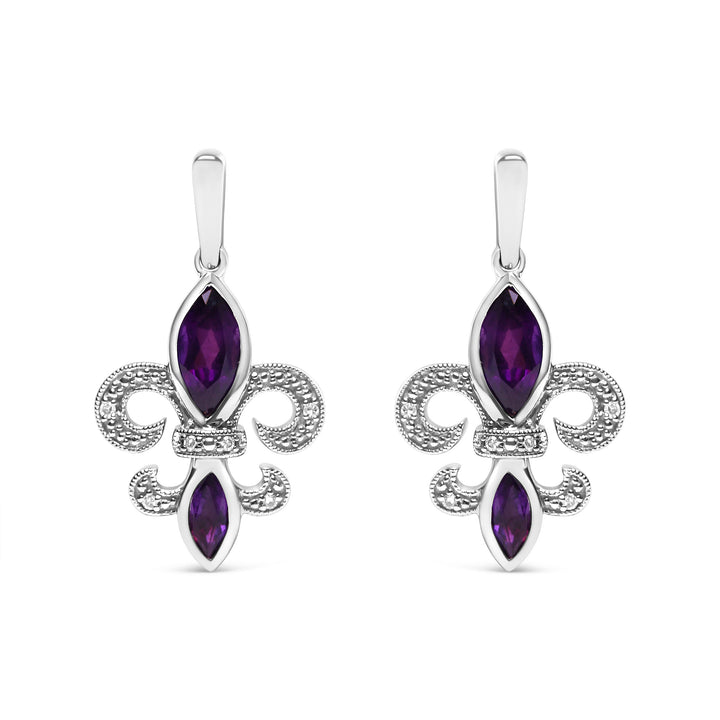 .925 Sterling Silver Marquise Cut Amethyst and Diamond Accent Fleur De Lis Dangle Stud Earrings (H-I Color, SI1-SI2 Clarity)
