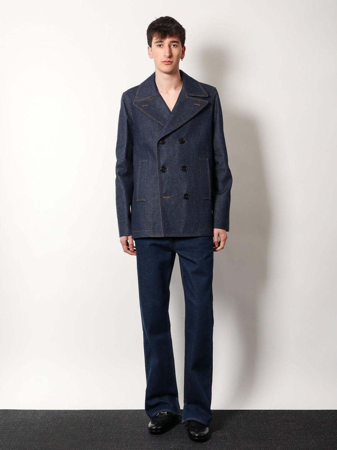 Gucci Men Denim Peacoat With Contrasting Stitching