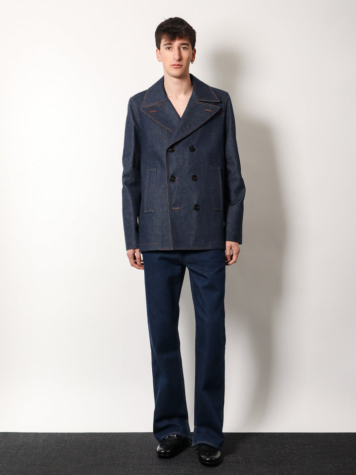 Gucci Men Denim Peacoat With Contrasting Stitching