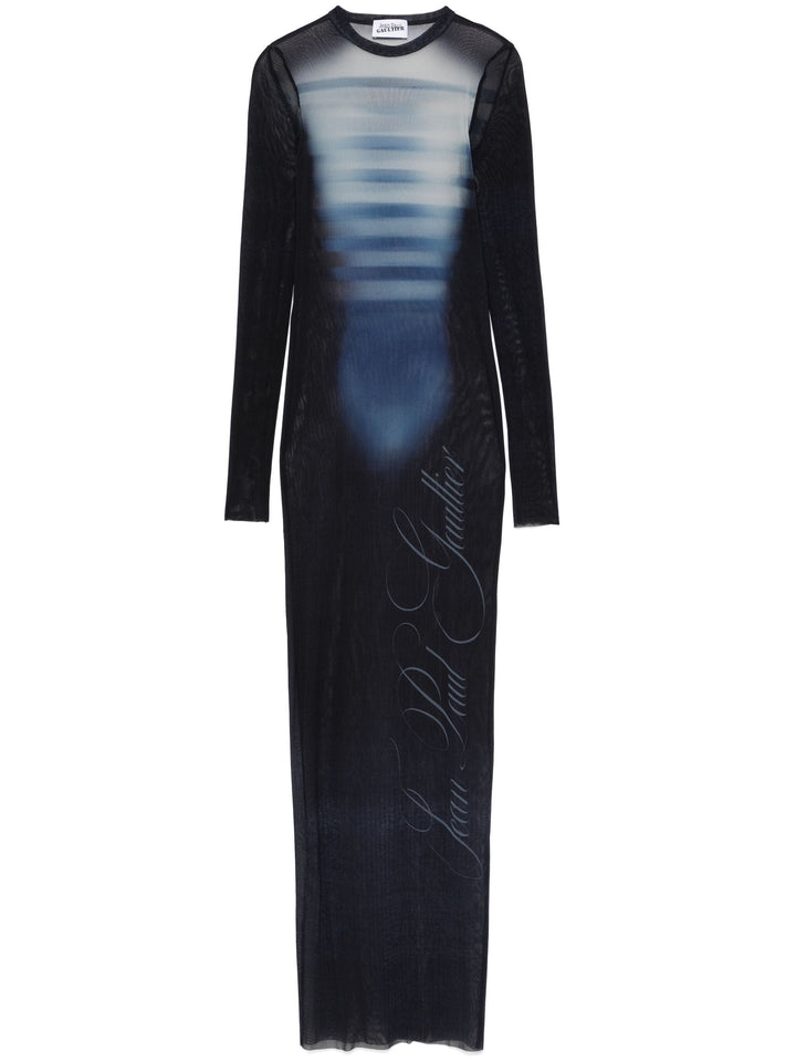 Jean Paul Gaultier Women Mesh Crew Neck Long Dress Printed "Le Mâle"