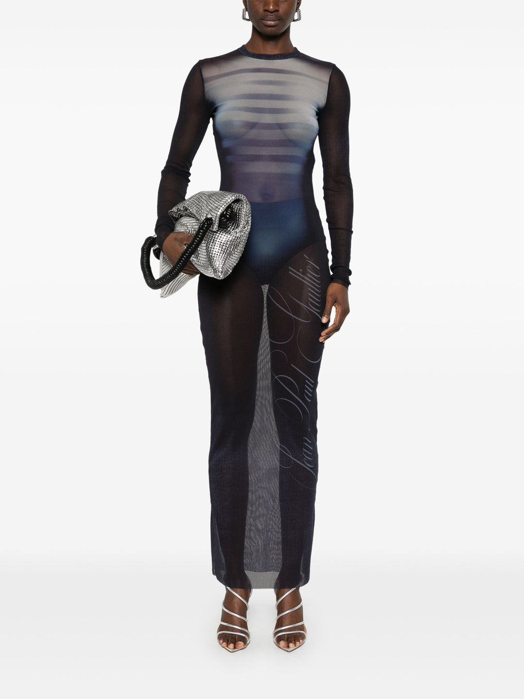 Jean Paul Gaultier Women Mesh Crew Neck Long Dress Printed "Le Mâle"