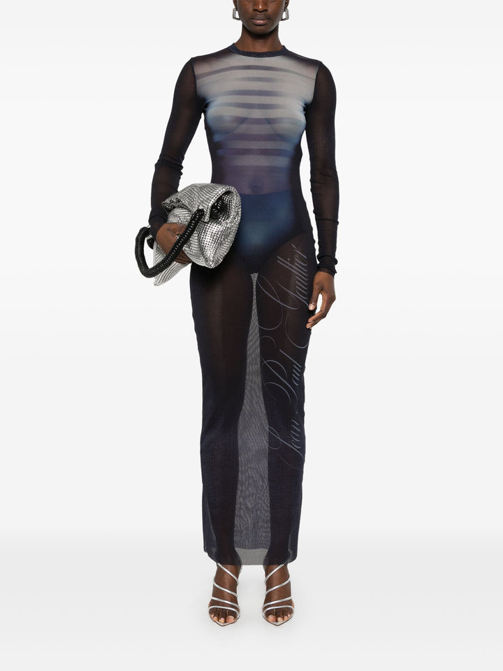 Jean Paul Gaultier Women Mesh Crew Neck Long Dress Printed "Le Mâle"