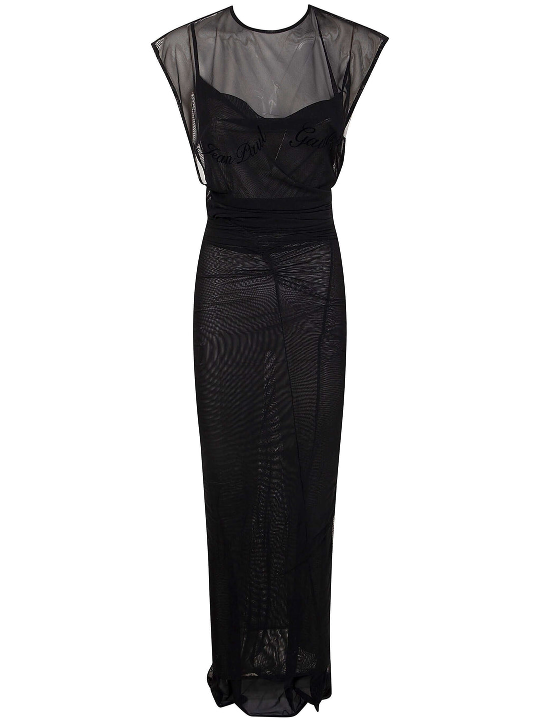 Black evening gown with sheer overlay on a white background