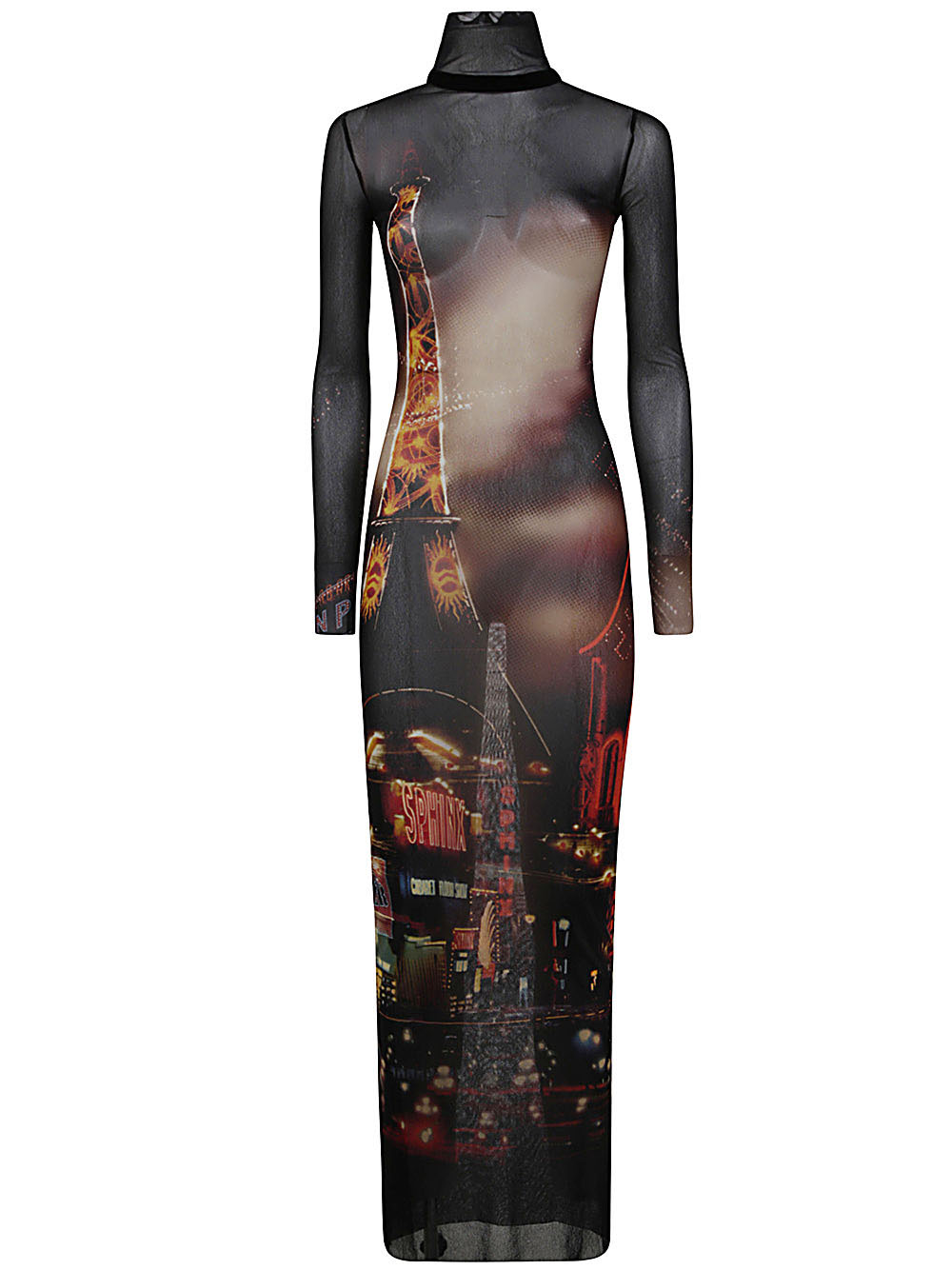 Black dress with a cityscape print on a white background