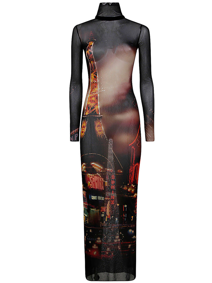 Black dress with a cityscape print on a white background