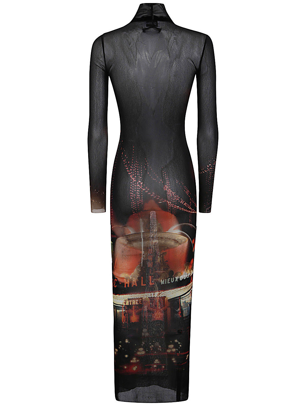 Black dress with a graphic design on a white background