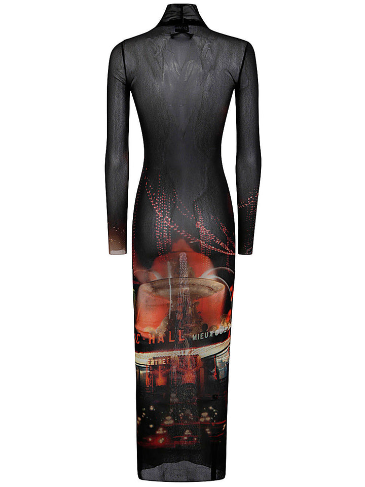 Black dress with a graphic design on a white background