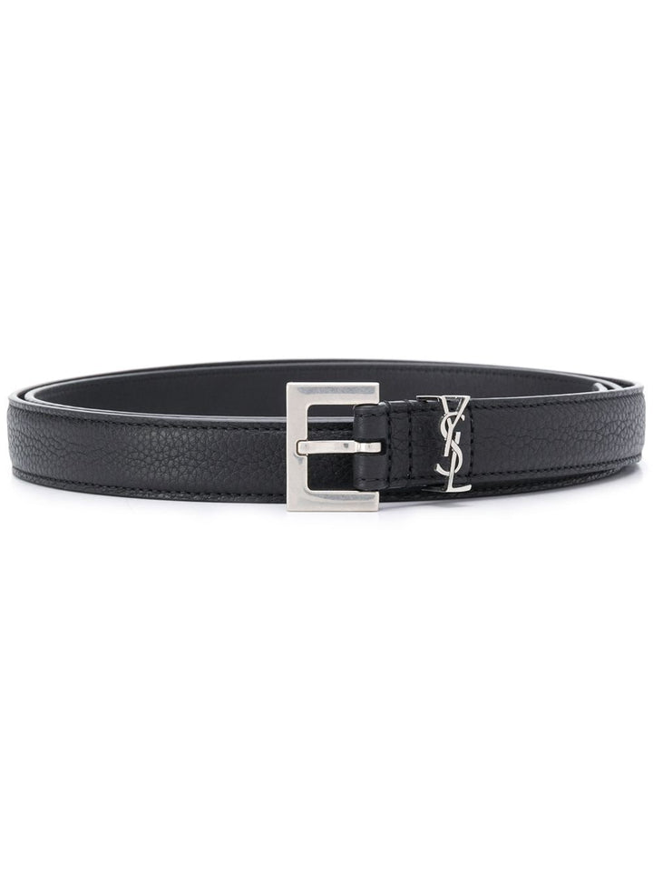 Saint Laurent Men Grained Leather Cassandre Thin Belt With Square Buckle