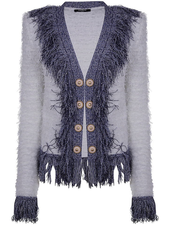 Balmain Women Collarless Glittered Fringed Tweed Jkt