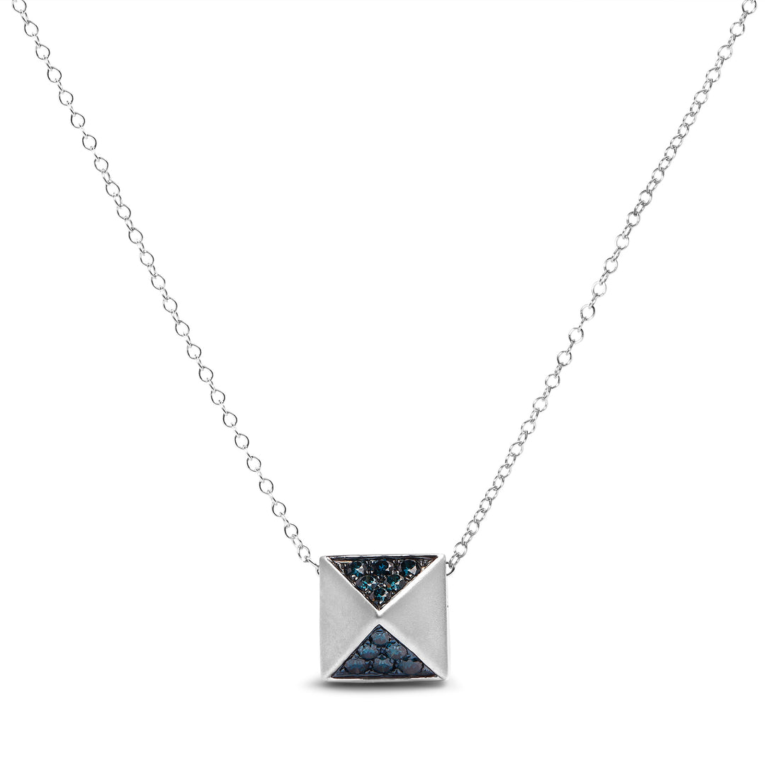 14K White Gold 1/4 Cttw Treated Blue Diamond Matte Finished Pyramid Pendant Necklace (Blue Color, SI1-SI2 Clarity) - 18" Inches