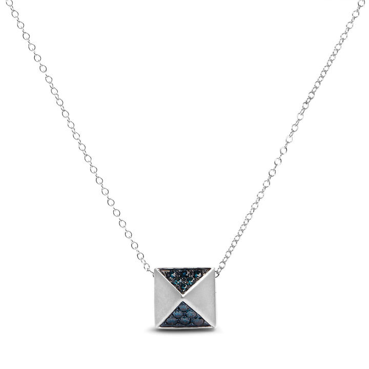 14K White Gold 1/4 Cttw Treated Blue Diamond Matte Finished Pyramid Pendant Necklace (Blue Color, SI1-SI2 Clarity) - 18" Inches