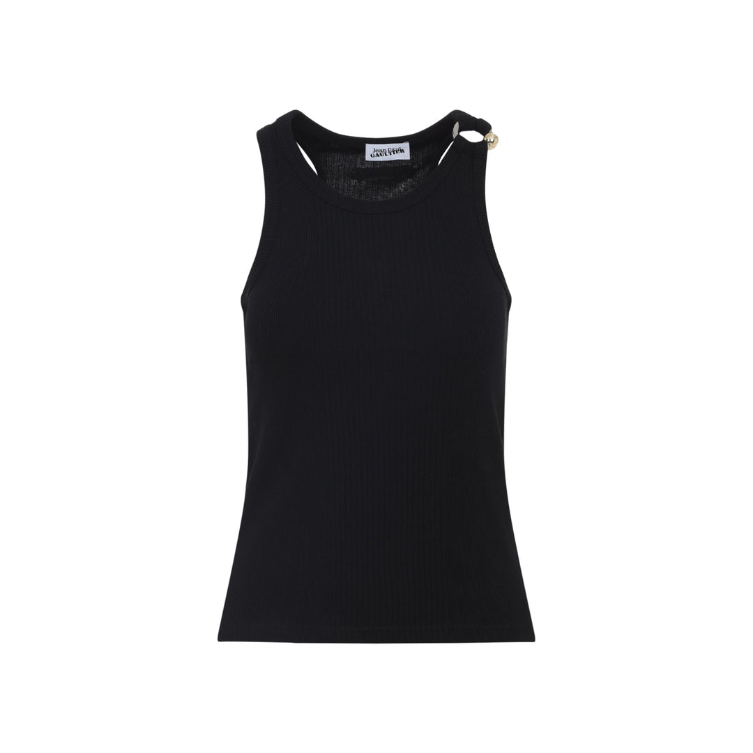 Black sleeveless top on a white background