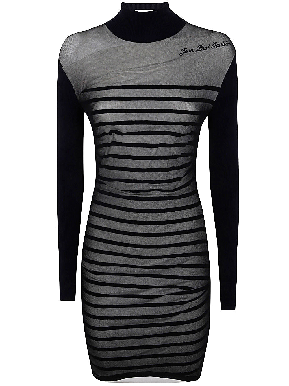 Black and gray striped dress with long sleeves on a white background