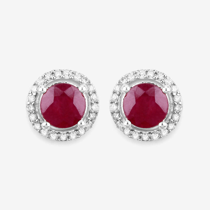 1.22 Carat Genuine Ruby and White Diamond 14K White Gold Earrings