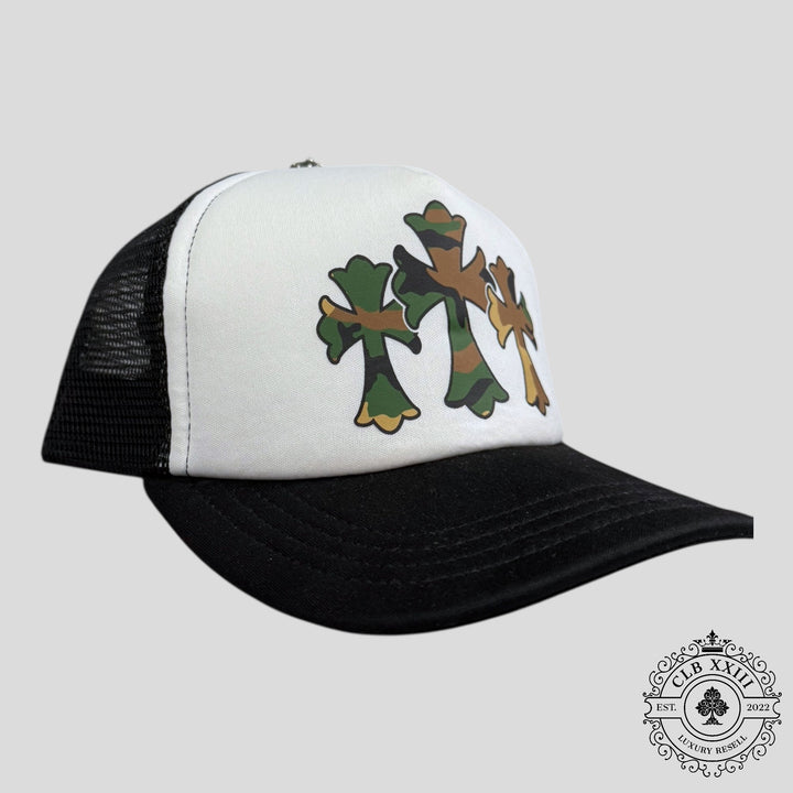 Chrome Hearts Triple Cross Trucker Hat in Black / Camo