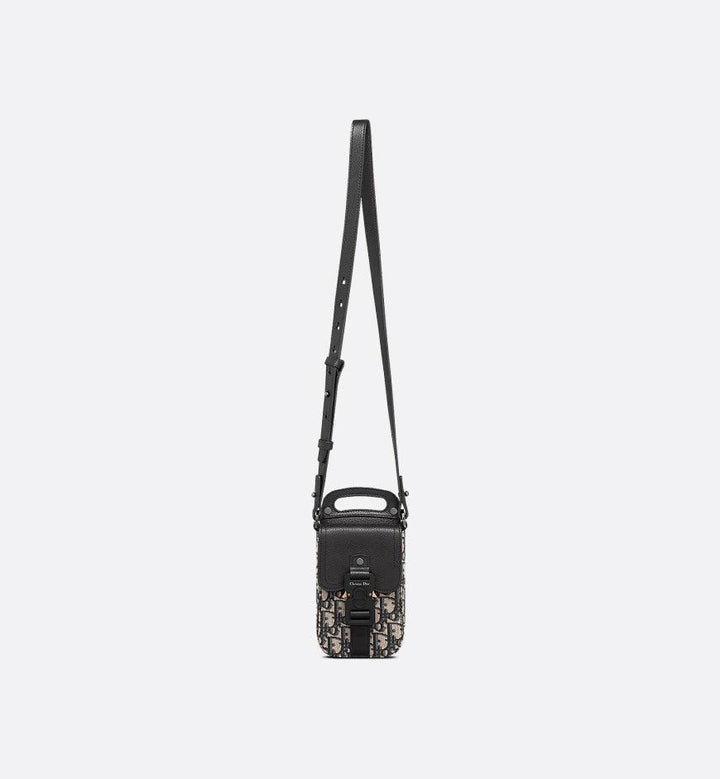 Saddle Vertical Pouch with Strap Beige and Black Dior Oblique Jacquard with Black Grained Calfskin