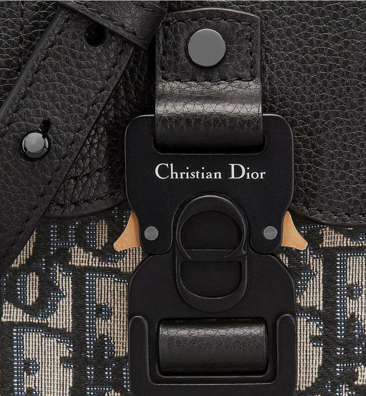 Saddle Vertical Pouch with Strap Beige and Black Dior Oblique Jacquard with Black Grained Calfskin